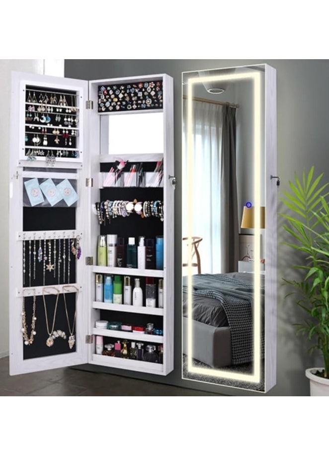 Jewelry Cabinet with Mirror Full Body Mirror Full Length Mirror with Touch LED Light and Storage Wall or Door Mount Mirror Jewelry Organizer for Girls Women