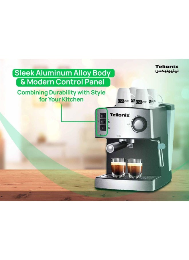 Telionix 20 Bar Espresso Maker with Italy Ulka Pump, 1200W Coffee Machine for Espresso, Cappuccino, and Steam Milk Frother, 1.6L Detachable Water Tank, Aluminum Alloy Boiler, Stylish Design