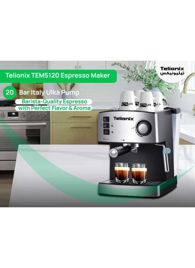 Telionix 20 Bar Espresso Maker with Italy Ulka Pump, 1200W Coffee Machine for Espresso, Cappuccino, and Steam Milk Frother, 1.6L Detachable Water Tank, Aluminum Alloy Boiler, Stylish Design