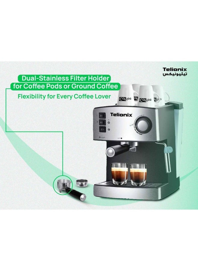 Telionix 20 Bar Espresso Maker with Italy Ulka Pump, 1200W Coffee Machine for Espresso, Cappuccino, and Steam Milk Frother, 1.6L Detachable Water Tank, Aluminum Alloy Boiler, Stylish Design