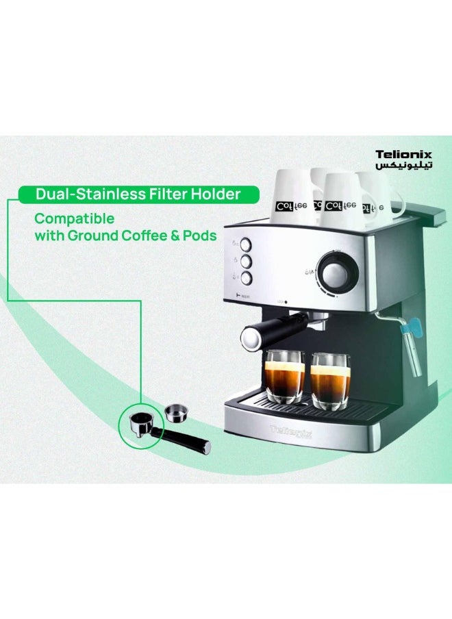 Telionix 20-Bar Espresso Machine, 1200W Coffee Maker with Italy Ulka Pump, Cappuccino and Latte Maker with Milk Frother, 1.6L Detachable Water Tank, Dual-Stainless Filter Holder, Easy Cleaning
