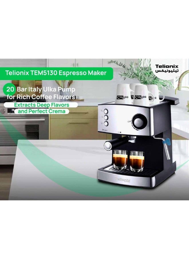 Telionix 20-Bar Espresso Machine, 1200W Coffee Maker with Italy Ulka Pump, Cappuccino and Latte Maker with Milk Frother, 1.6L Detachable Water Tank, Dual-Stainless Filter Holder, Easy Cleaning