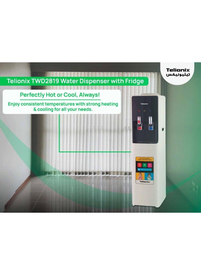 Telionix Water Dispenser with Built-In Fridge, Dual Taps for Hot and Cold Water, Eco-Friendly Design with Stainless Steel Tank
