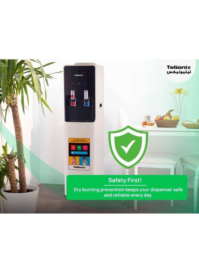 Telionix Water Dispenser with Built-In Fridge, Dual Taps for Hot and Cold Water, Eco-Friendly Design with Stainless Steel Tank