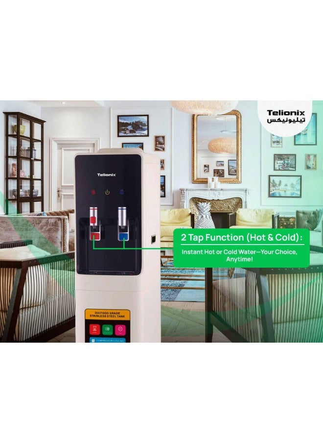 Telionix Water Dispenser with Built-In Fridge, Dual Taps for Hot and Cold Water, Eco-Friendly Design with Stainless Steel Tank