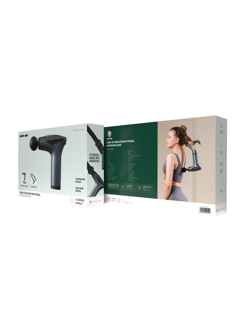 Multifunctional Massage Handle GMG-05 / Up to 3 Hour working time / 4 Massage Head / Extension Handle / 12 Speed Levels / Digital Display / Massage Belt / LED Lights - Black