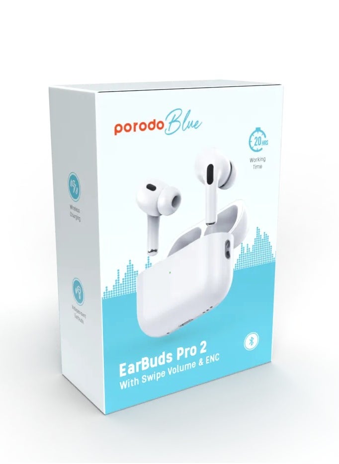 Earbuds Pro 2 With Swipe Volume Wireless Charging, 20H Total Working Time, Independent Earbuds, Touch Control,  Bluetooth/Wireless Connection Type, Deep Bass - White