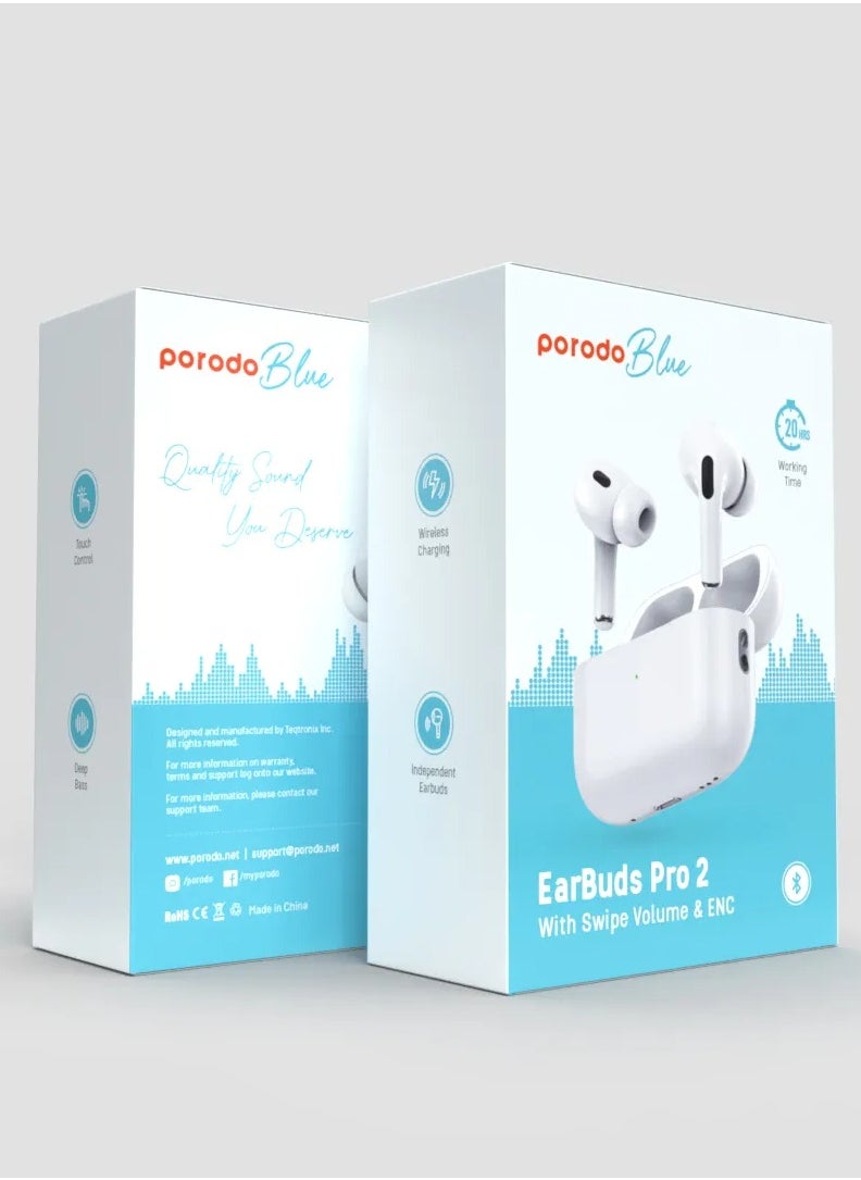 Earbuds Pro 2 With Swipe Volume Wireless Charging, 20H Total Working Time, Independent Earbuds, Touch Control,  Bluetooth/Wireless Connection Type, Deep Bass - White