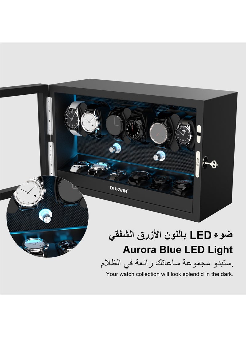 Key Lock Watch Winder for 6 Automatic Winder with 6 Extra Watches Storage, Aurora Blue Light, 6 Rotation modes, Super Quiet Motor, Adjustable Watch Pillow, Watch winder 6 for Watch Lover