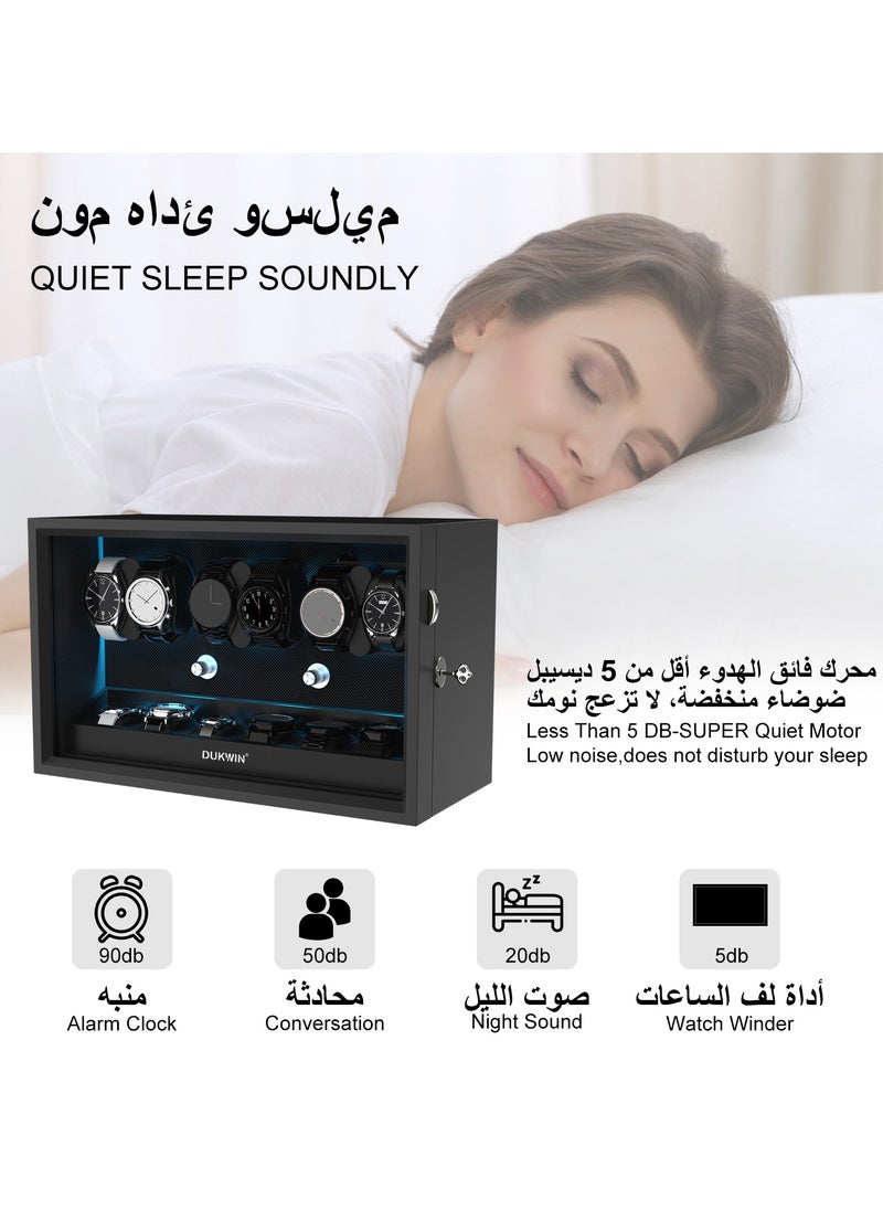 Key Lock Watch Winder for 6 Automatic Winder with 6 Extra Watches Storage, Aurora Blue Light, 6 Rotation modes, Super Quiet Motor, Adjustable Watch Pillow, Watch winder 6 for Watch Lover