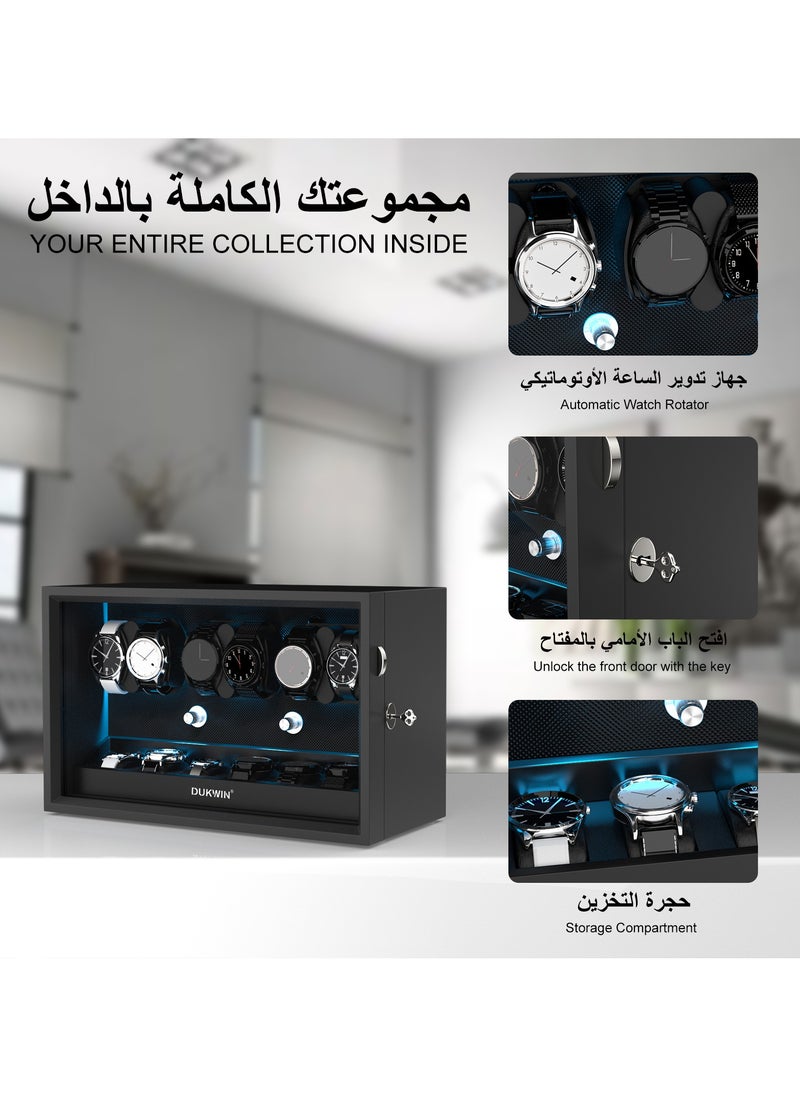 Key Lock Watch Winder for 6 Automatic Winder with 6 Extra Watches Storage, Aurora Blue Light, 6 Rotation modes, Super Quiet Motor, Adjustable Watch Pillow, Watch winder 6 for Watch Lover