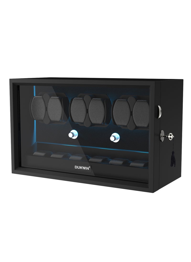 Key Lock Watch Winder for 6 Automatic Winder with 6 Extra Watches Storage, Aurora Blue Light, 6 Rotation modes, Super Quiet Motor, Adjustable Watch Pillow, Watch winder 6 for Watch Lover