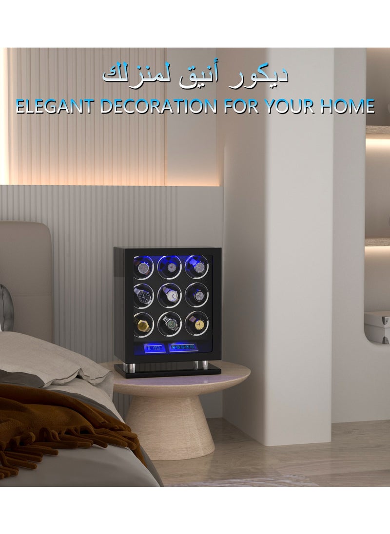 Fingerprint Lock Watch Winder 9 Automatic Winder With LCD Touch Screen, Blue LED Light, 5TPD, 3 Rotation modes, Remote Control, Adjustable Watch Cuff and Super Quiet Motor for watch enthusiasts