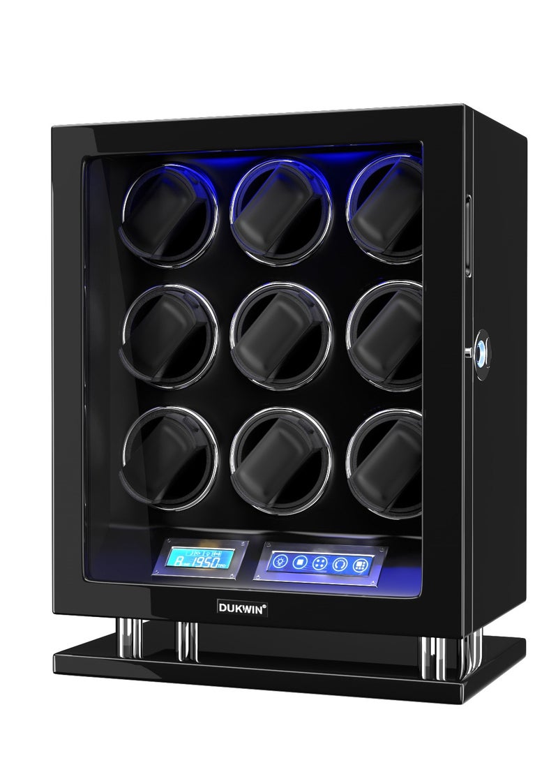 Fingerprint Lock Watch Winder 9 Automatic Winder With LCD Touch Screen, Blue LED Light, 5TPD, 3 Rotation modes, Remote Control, Adjustable Watch Cuff and Super Quiet Motor for watch enthusiasts