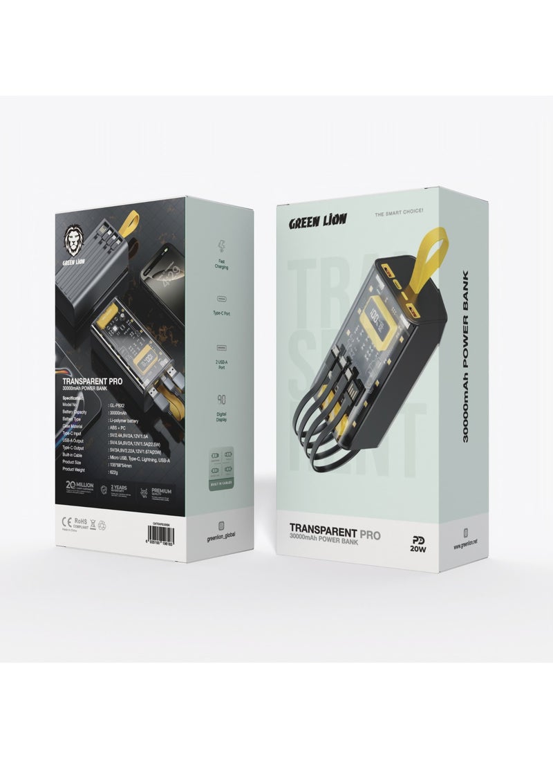 Transparent Pro 30000mAh Power Bank / PD 20W Fast Charging / Built in cables (Lightning, Type-C, USB and Micro) / Digital Display / x2 USB-A Port and x1 Type-C Port / ABS + PC Material - Black/Yellow