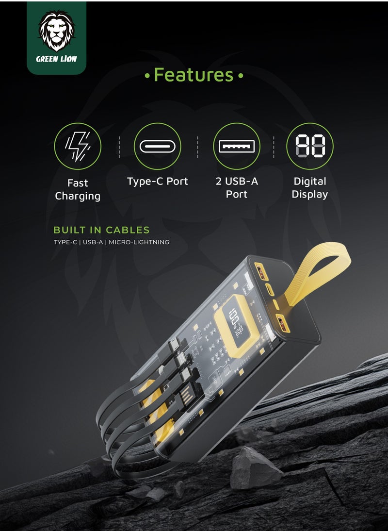 Transparent Pro 30000mAh Power Bank / PD 20W Fast Charging / Built in cables (Lightning, Type-C, USB and Micro) / Digital Display / x2 USB-A Port and x1 Type-C Port / ABS + PC Material - Black/Yellow