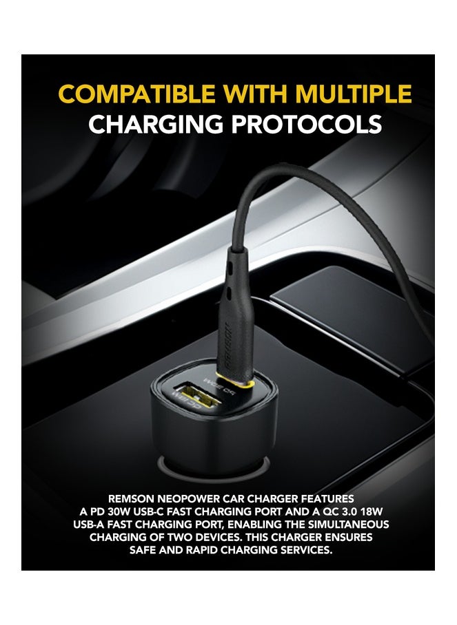 Remson Neo Power Car Charger PD 48W 1 USB-C Port/ 1 USB-A Port Fast Charging Compatible For iPhone 16 Pro/ Pro Max/16/15/14/13/12, Galaxy, S24/S23/S22/S21, iPad Pro 6/Air 5