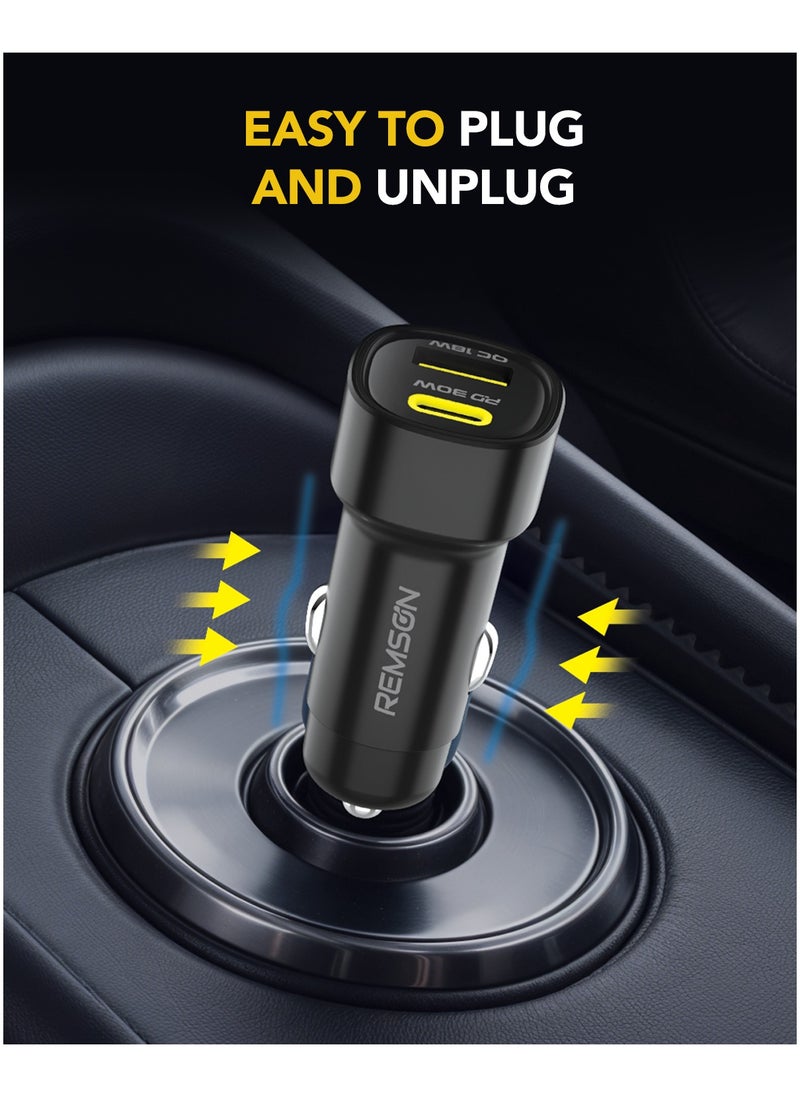 Remson Neo Power Car Charger PD 48W 1 USB-C Port/ 1 USB-A Port Fast Charging Compatible For iPhone 16 Pro/ Pro Max/16/15/14/13/12, Galaxy, S24/S23/S22/S21, iPad Pro 6/Air 5