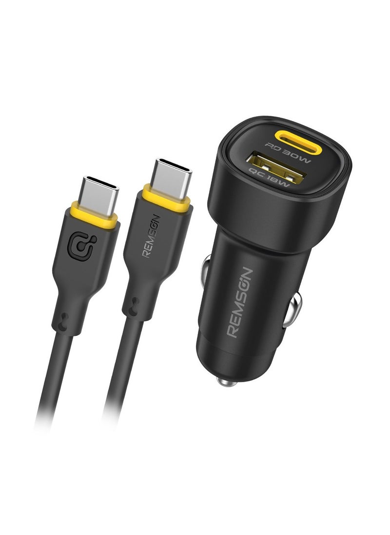 Remson Neo Power Car Charger PD 48W 1 USB-C Port/ 1 USB-A Port and 1 USB-C Cable Fast Charging Compatible For iPhone 16 Pro/ Pro Max/16/15/14/13/12, Galaxy, S24/S23/S22/S21, iPad Pro 6/Air 5