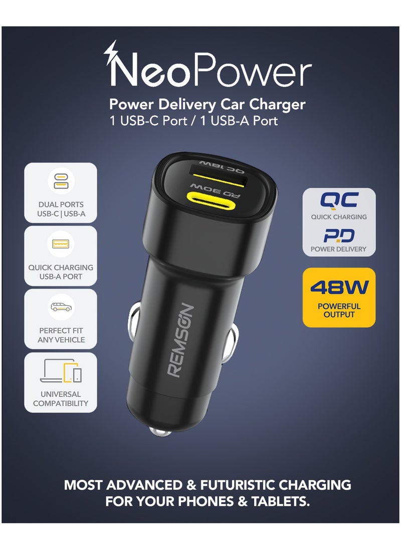 Remson Neo Power Car Charger PD 48W 1 USB-C Port/ 1 USB-A Port and 1 USB-C Cable Fast Charging Compatible For iPhone 16 Pro/ Pro Max/16/15/14/13/12, Galaxy, S24/S23/S22/S21, iPad Pro 6/Air 5