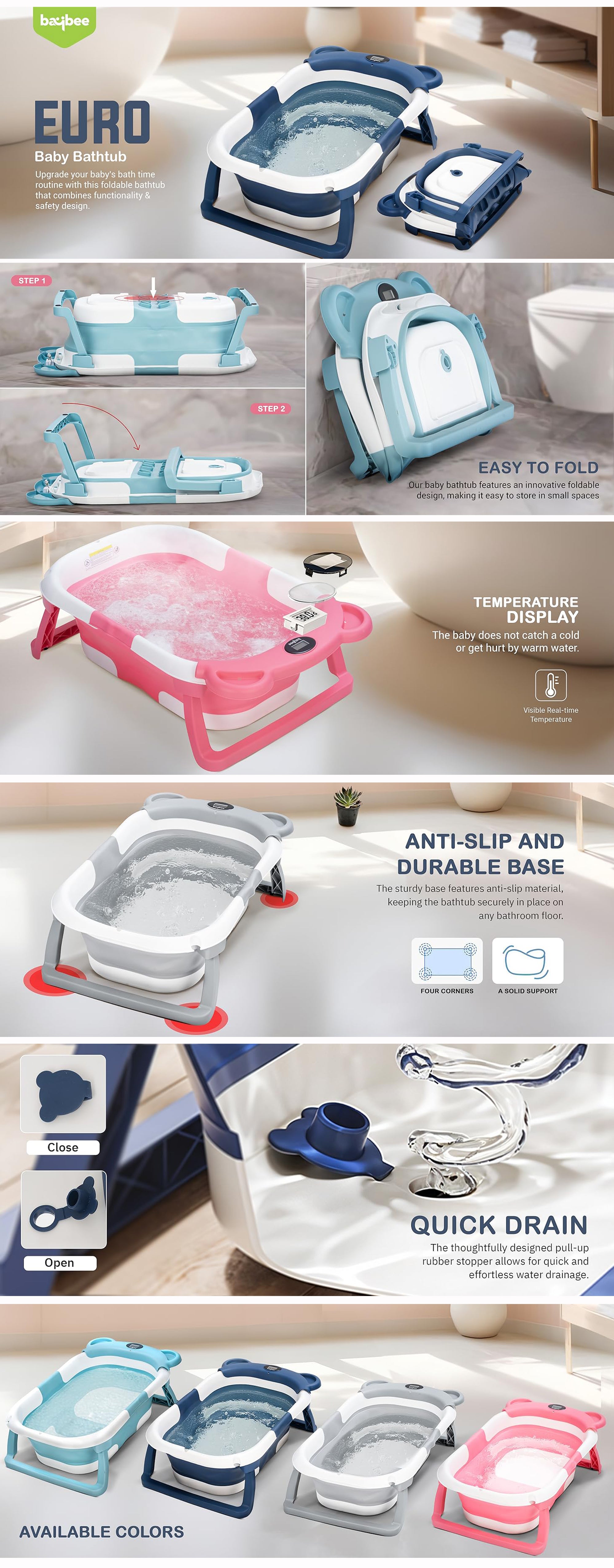 Collapsible Baby Bath Tub for Kids with Temperature Sensing Display Anti Slip Base Drainer Foldable Kids Bathtub for Baby 0 to 3 Years Grey