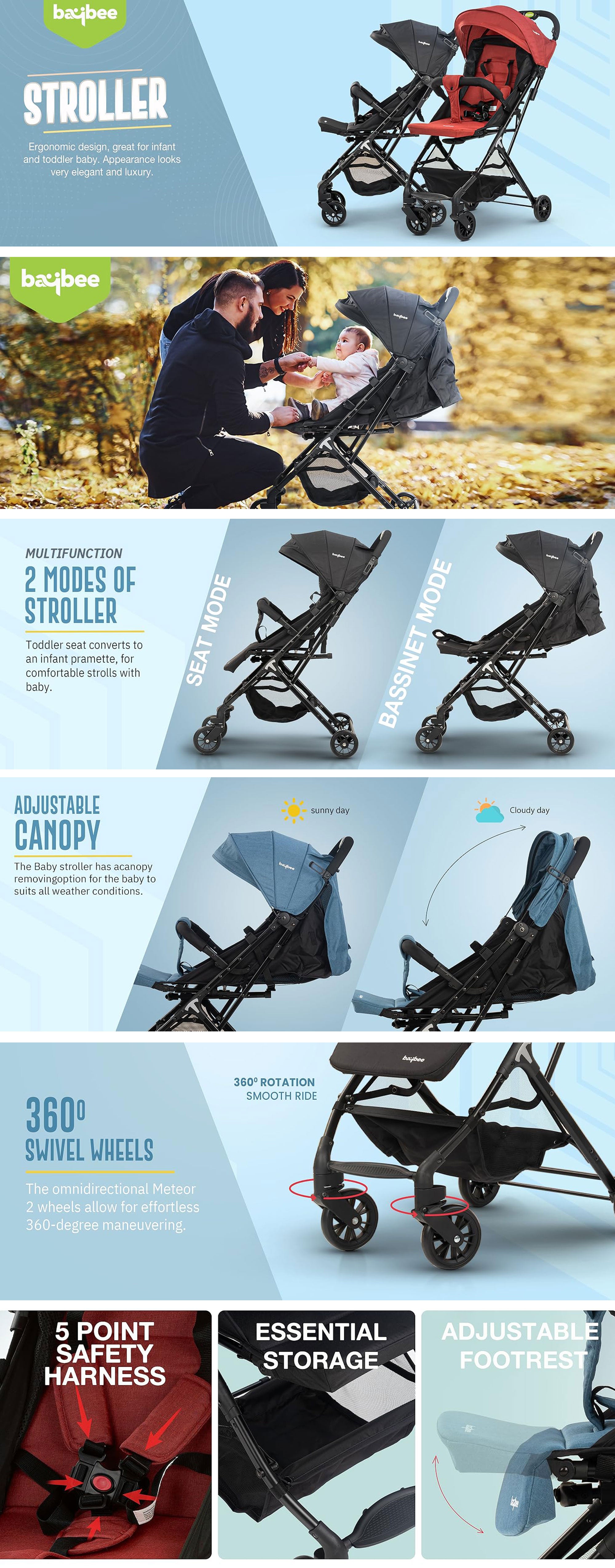 Foldable Cabin Baby Stroller Pram for Baby with Metal Frame, 3-Position Adjustable Seat & Canopy, Bassinet, Parent Handle, 5 Point Safety Belt, Stroller for Kids Toddler 0 to 3 Years Boy Girl Grey