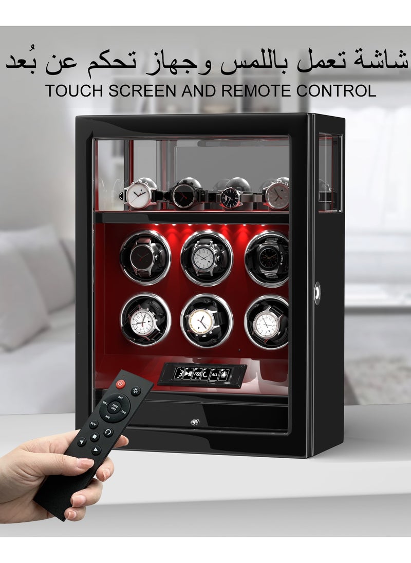 Fingerprint Lock 3 in 1 Watch Winder for 6 Automatic Watch With Digital Display, Multifunctional TPD, Spring Watch Pillow, Super Quiet Motor, White LED Light, 4 Extra Watches Storage and Jewellery Storage Drawer
