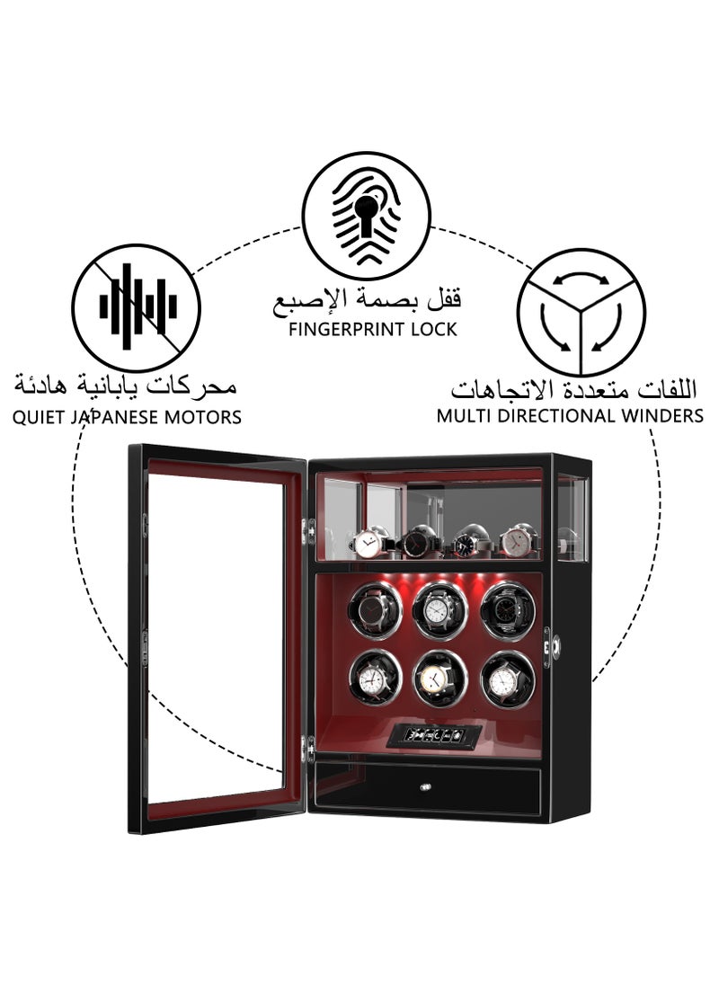 Fingerprint Lock 3 in 1 Watch Winder for 6 Automatic Watch With Digital Display, Multifunctional TPD, Spring Watch Pillow, Super Quiet Motor, White LED Light, 4 Extra Watches Storage and Jewellery Storage Drawer