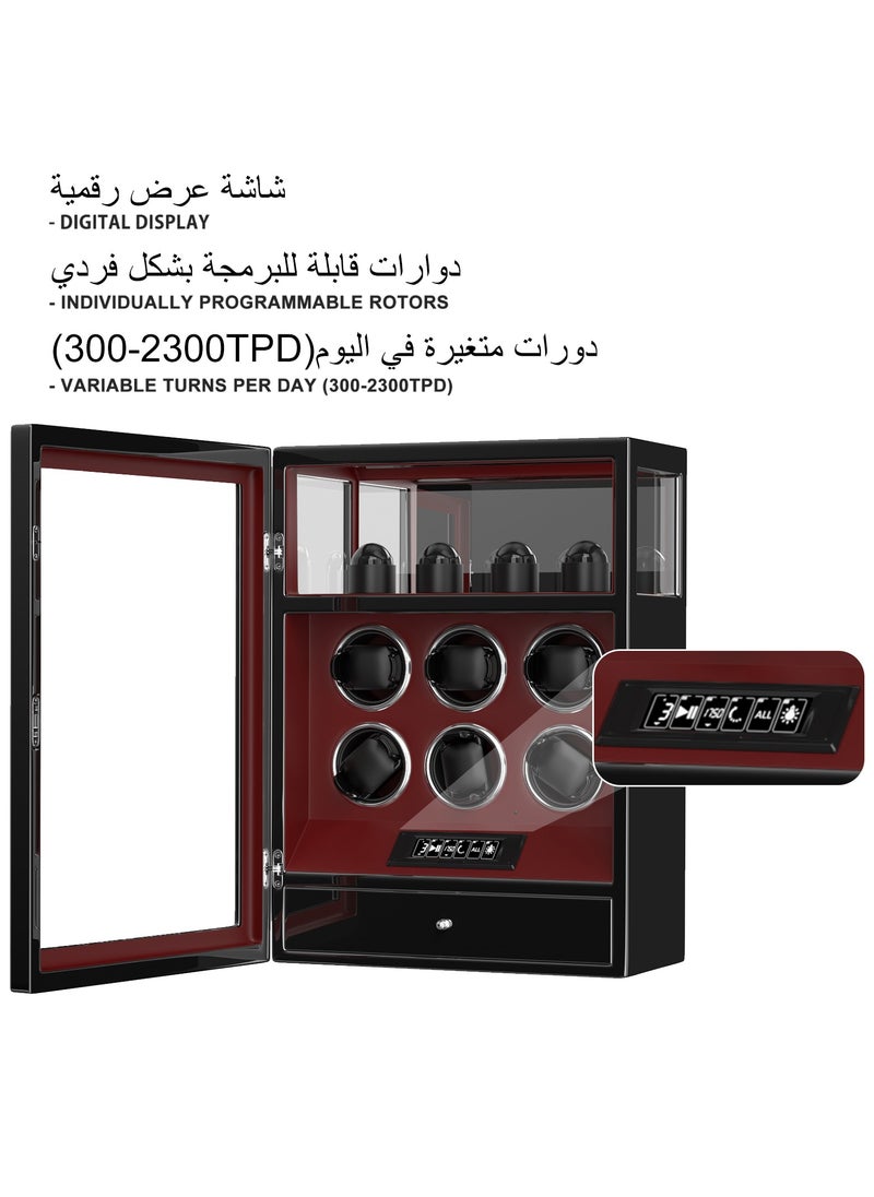 Fingerprint Lock 3 in 1 Watch Winder for 6 Automatic Watch With Digital Display, Multifunctional TPD, Spring Watch Pillow, Super Quiet Motor, White LED Light, 4 Extra Watches Storage and Jewellery Storage Drawer