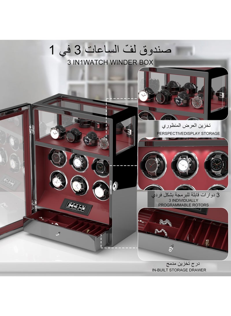 Fingerprint Lock 3 in 1 Watch Winder for 6 Automatic Watch With Digital Display, Multifunctional TPD, Spring Watch Pillow, Super Quiet Motor, White LED Light, 4 Extra Watches Storage and Jewellery Storage Drawer