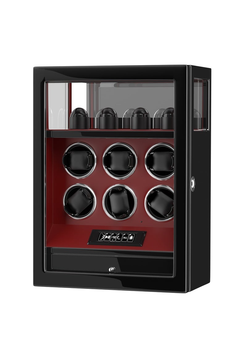 Fingerprint Lock 3 in 1 Watch Winder for 6 Automatic Watch With Digital Display, Multifunctional TPD, Spring Watch Pillow, Super Quiet Motor, White LED Light, 4 Extra Watches Storage and Jewellery Storage Drawer