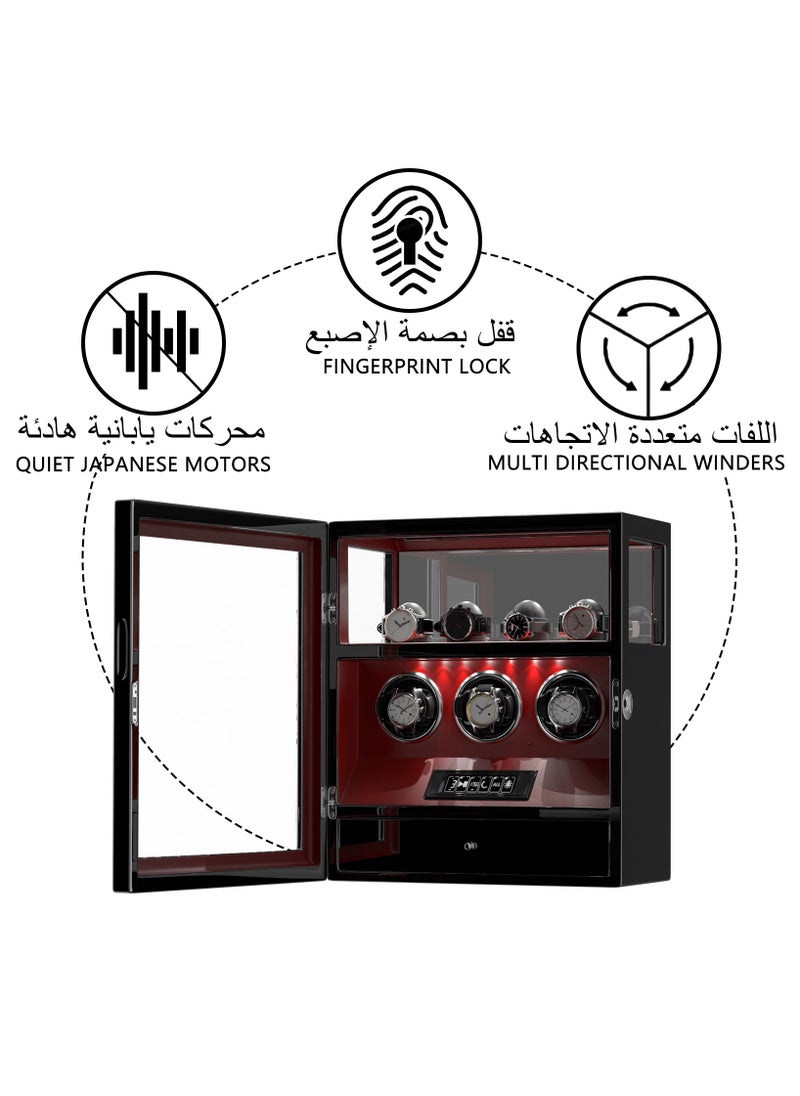 Fingerprint Lock 3 in 1 Watch Winder for 3 Automatic Watch With Digital Display, Multifunctional TPD, Spring Watch Pillow, Super Quiet Motor, White LED Light, 4 Extra Watches Storage and Jewellery Storage Drawer