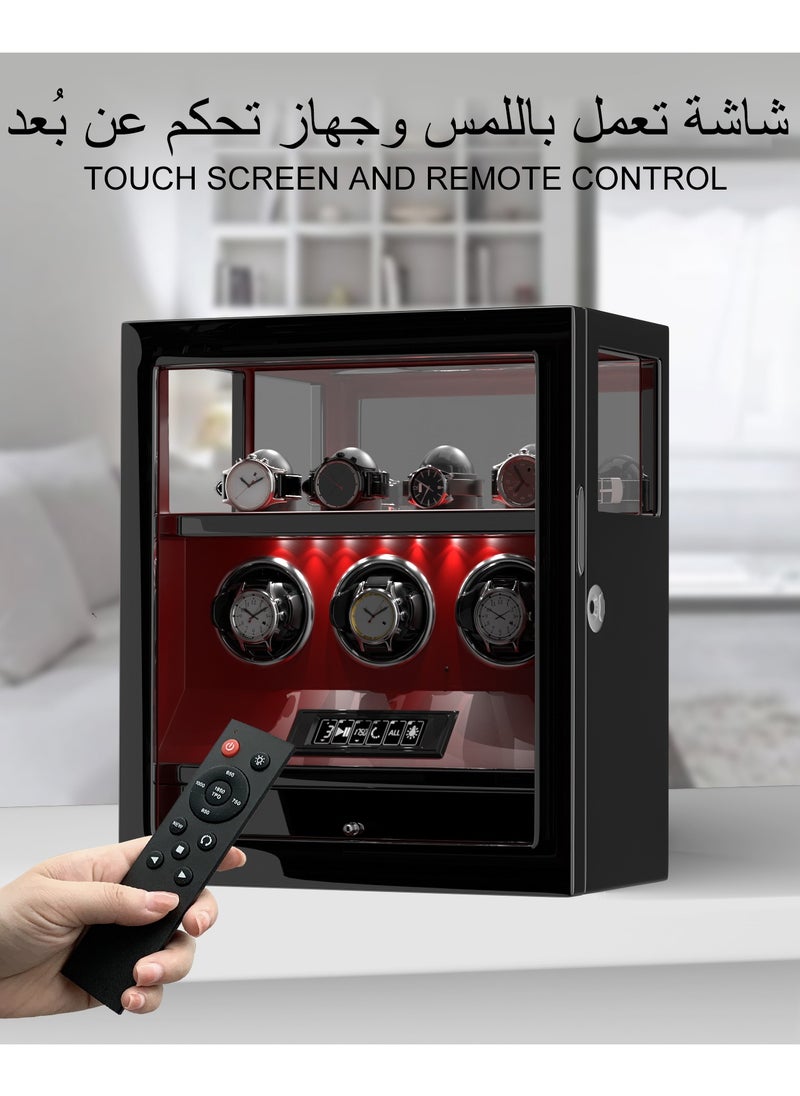 Fingerprint Lock 3 in 1 Watch Winder for 3 Automatic Watch With Digital Display, Multifunctional TPD, Spring Watch Pillow, Super Quiet Motor, White LED Light, 4 Extra Watches Storage and Jewellery Storage Drawer