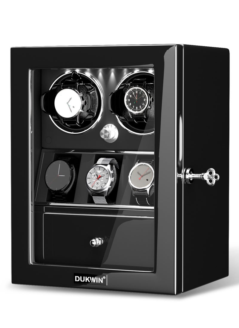 DUKWIN Watch Winder for 2 Automatic Watches with 3 Extra Watches Storage, White LED Light, 4 Rotation Modes, key lock and Jewelry Drawer for Men and Women