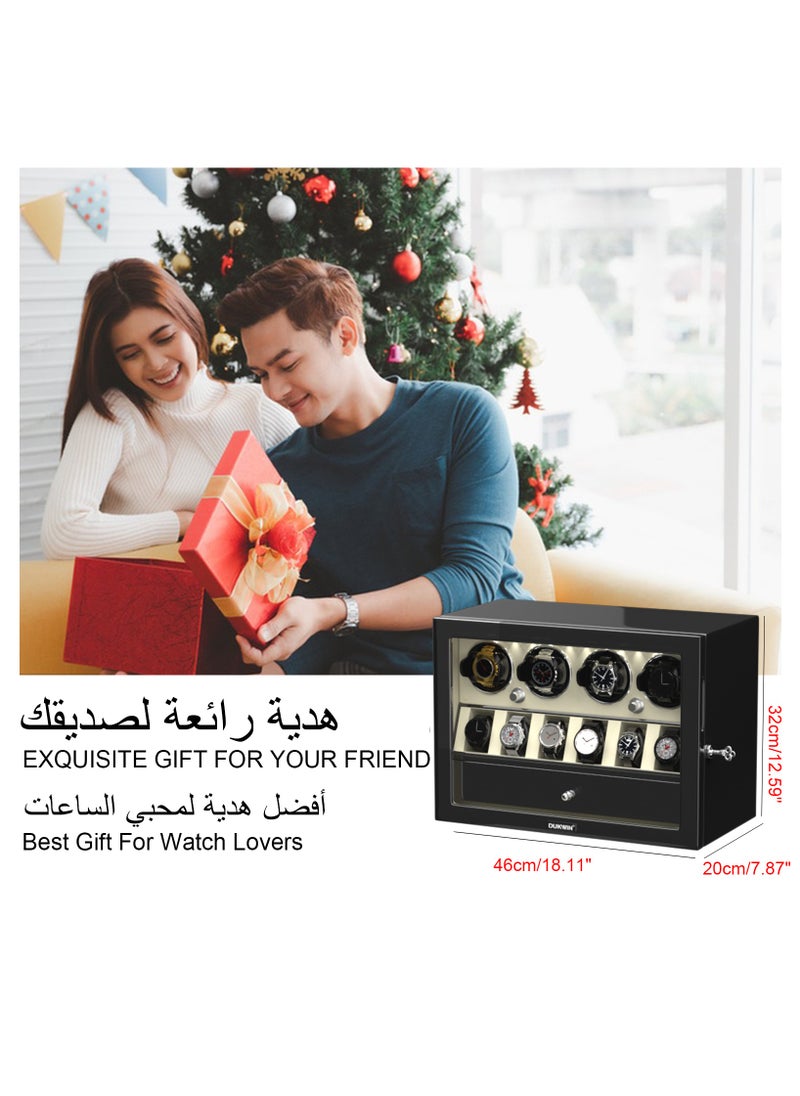 3 in 1 Watch Winder for 4 Automatic Watches with 6 Extra Watches Storage, White LED Light, 4 Rotation Modes, key lock and Jewelry Drawer for Men and Women