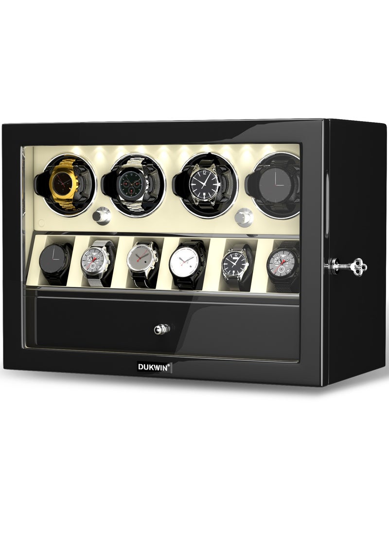 DUKWIN Watch Winder for 4 Automatic Watches with 6 Extra Watches Storage, White LED Light, 4 Rotation Modes, key lock and Jewelry Drawer for Men and Women