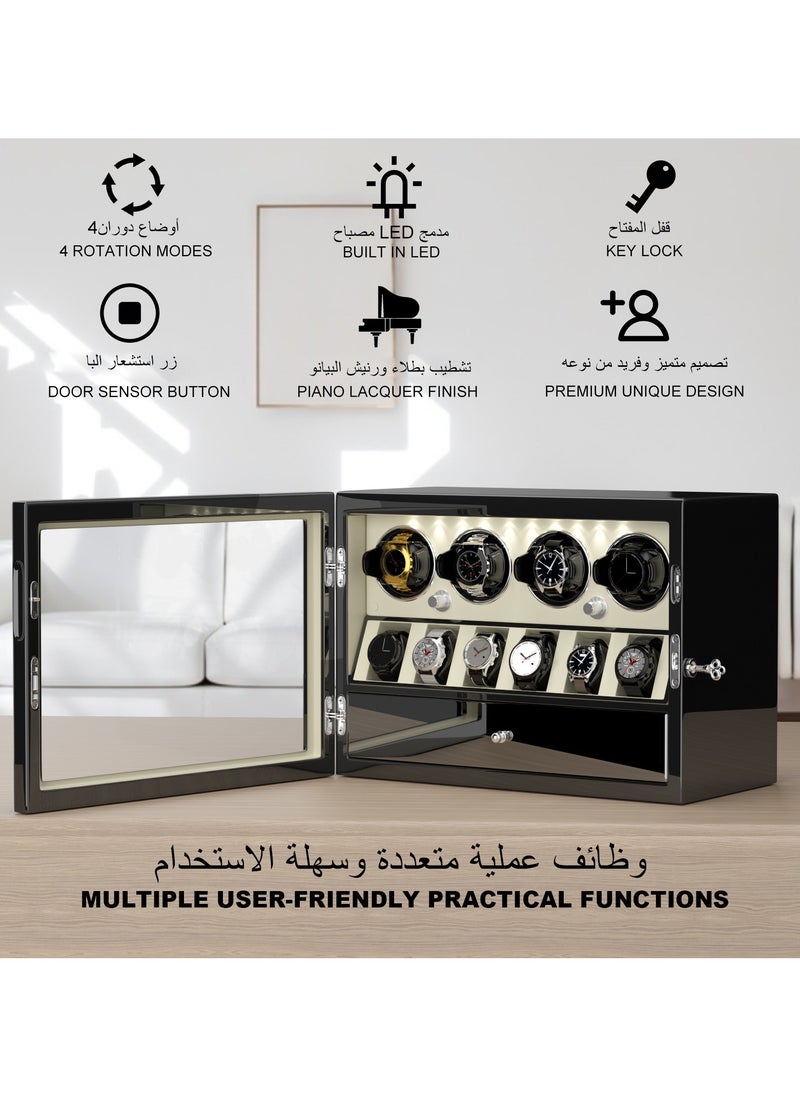 3 in 1 Watch Winder for 4 Automatic Watches with 6 Extra Watches Storage, White LED Light, 4 Rotation Modes, key lock and Jewelry Drawer for Men and Women