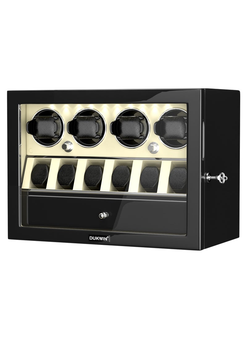 3 in 1 Watch Winder for 4 Automatic Watches with 6 Extra Watches Storage, White LED Light, 4 Rotation Modes, key lock and Jewelry Drawer for Men and Women