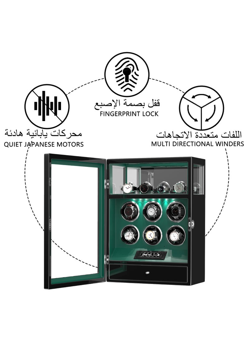 Fingerprint Lock 3 in 1 Watch Winder for 6 Automatic Watch With Digital Display, Multifunctional TPD, Spring Watch Pillow, Super Quiet Motor, White LED Light, 4 Extra Watches Storage and Jewellery Storage Drawer