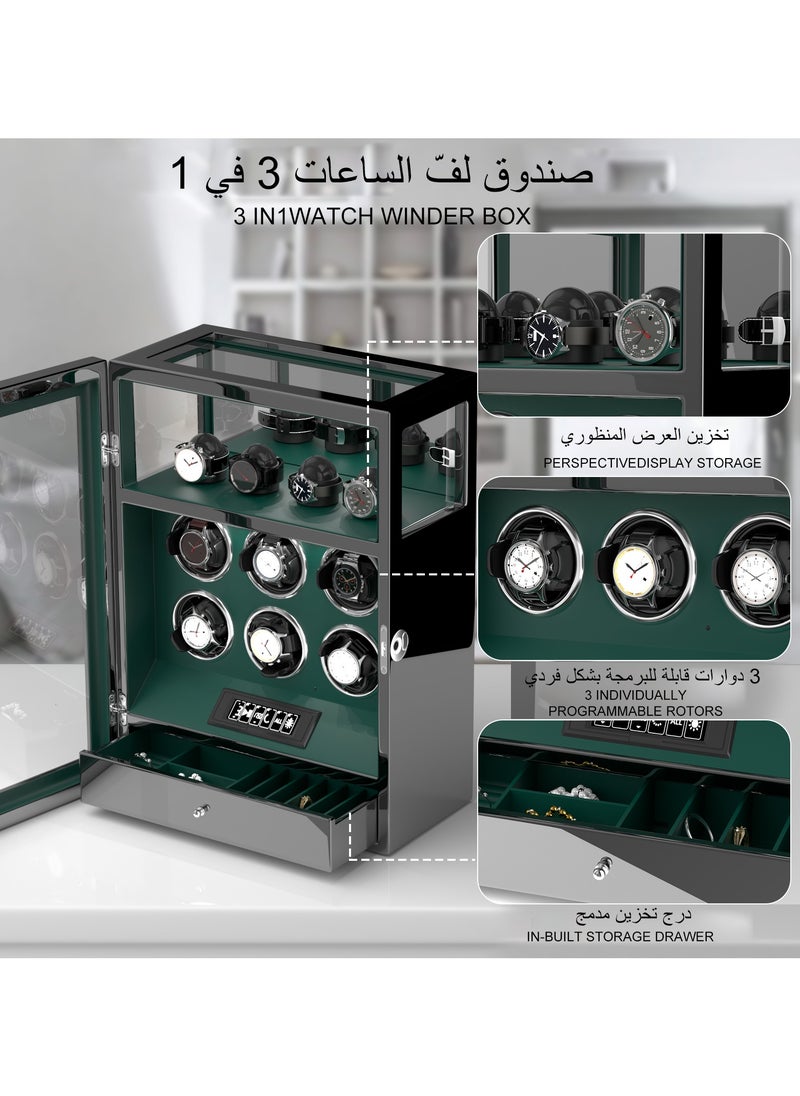 Fingerprint Lock 3 in 1 Watch Winder for 6 Automatic Watch With Digital Display, Multifunctional TPD, Spring Watch Pillow, Super Quiet Motor, White LED Light, 4 Extra Watches Storage and Jewellery Storage Drawer