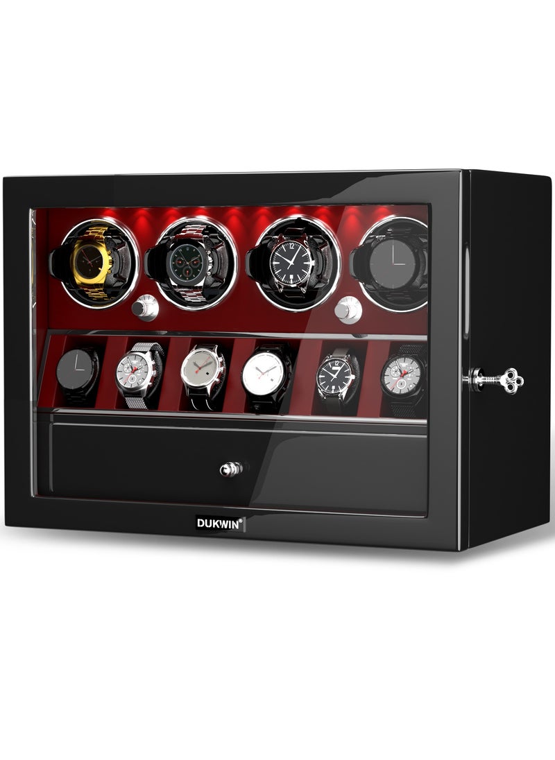 3 in 1 Watch Winder for 4 Automatic Watches with 6 Extra Watches Storage, White LED Light, 4 Rotation Modes, key lock and Jewelry Drawer for Men and Women