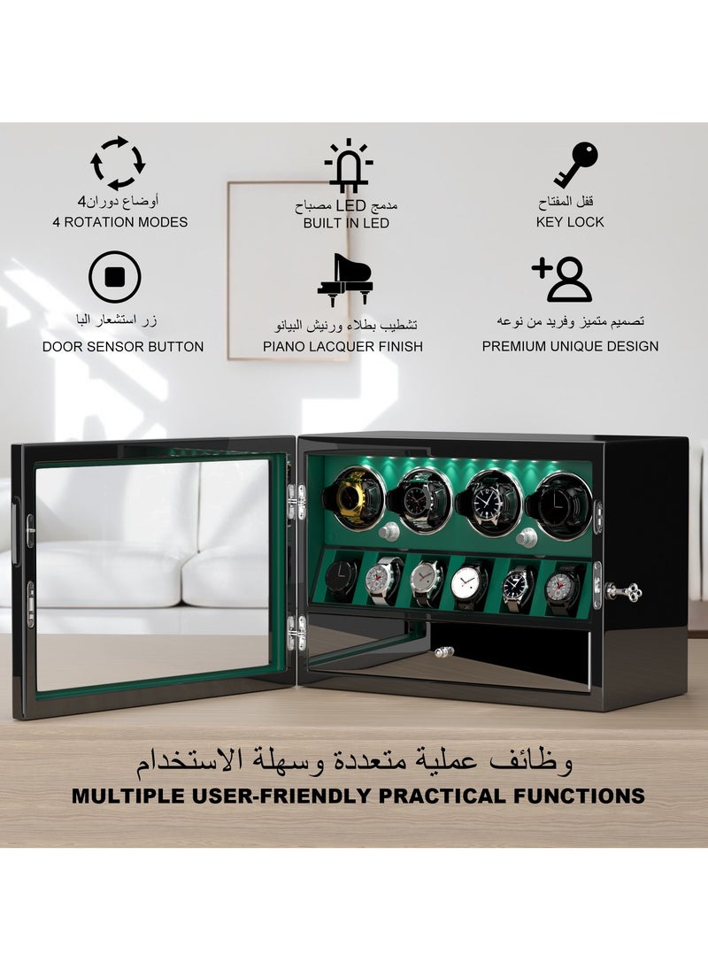 3 in 1 Watch Winder for 4 Automatic Watches with 6 Extra Watches Storage, White LED Light, 4 Rotation Modes, key lock and Jewelry Drawer for Men and Women