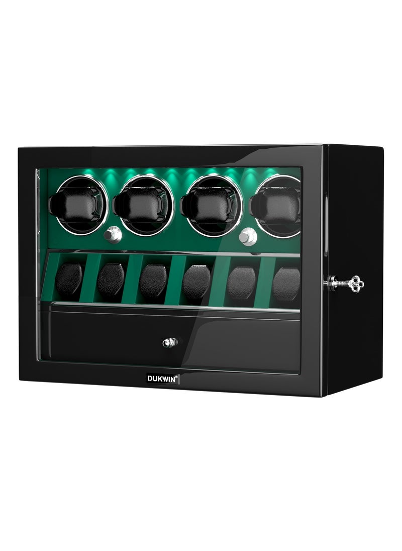 3 in 1 Watch Winder for 4 Automatic Watches with 6 Extra Watches Storage, White LED Light, 4 Rotation Modes, key lock and Jewelry Drawer for Men and Women
