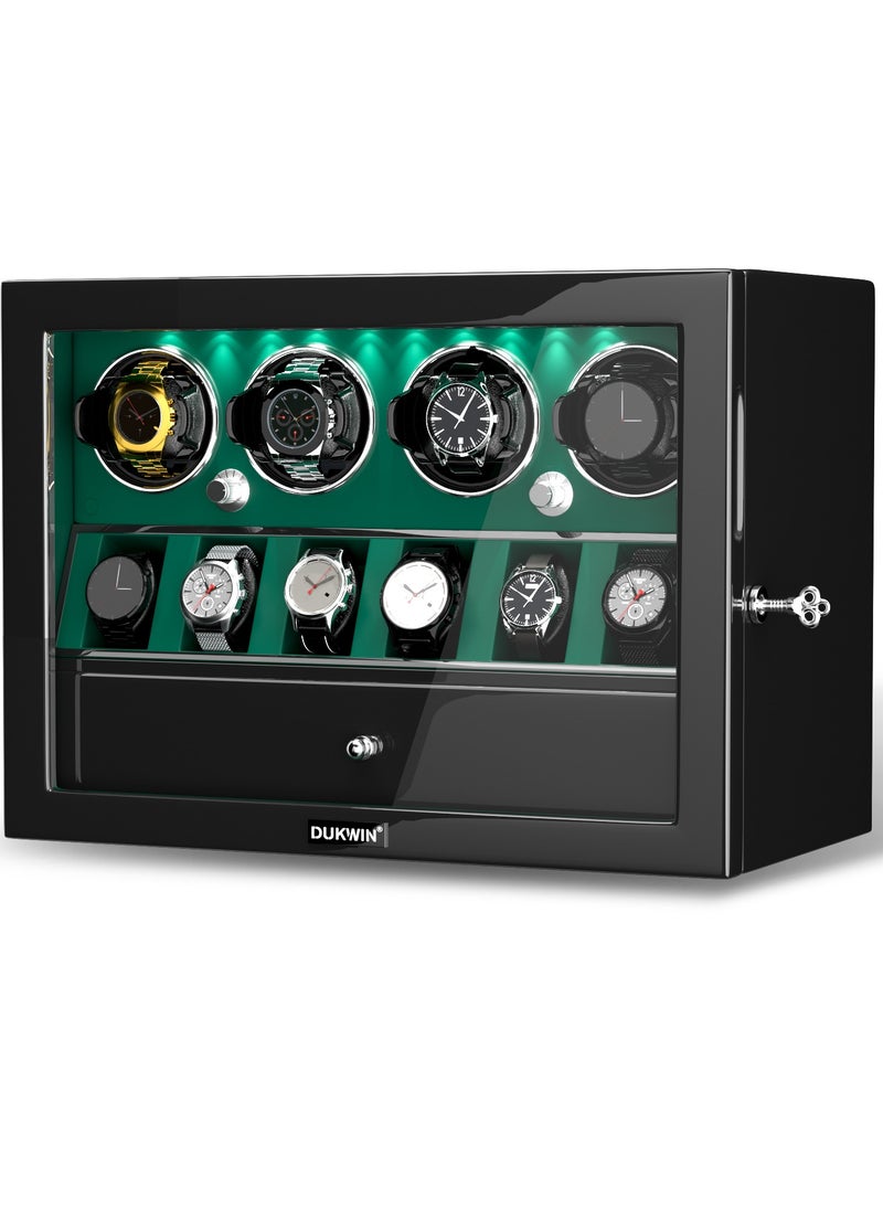 3 in 1 Watch Winder for 4 Automatic Watches with 6 Extra Watches Storage, White LED Light, 4 Rotation Modes, key lock and Jewelry Drawer for Men and Women