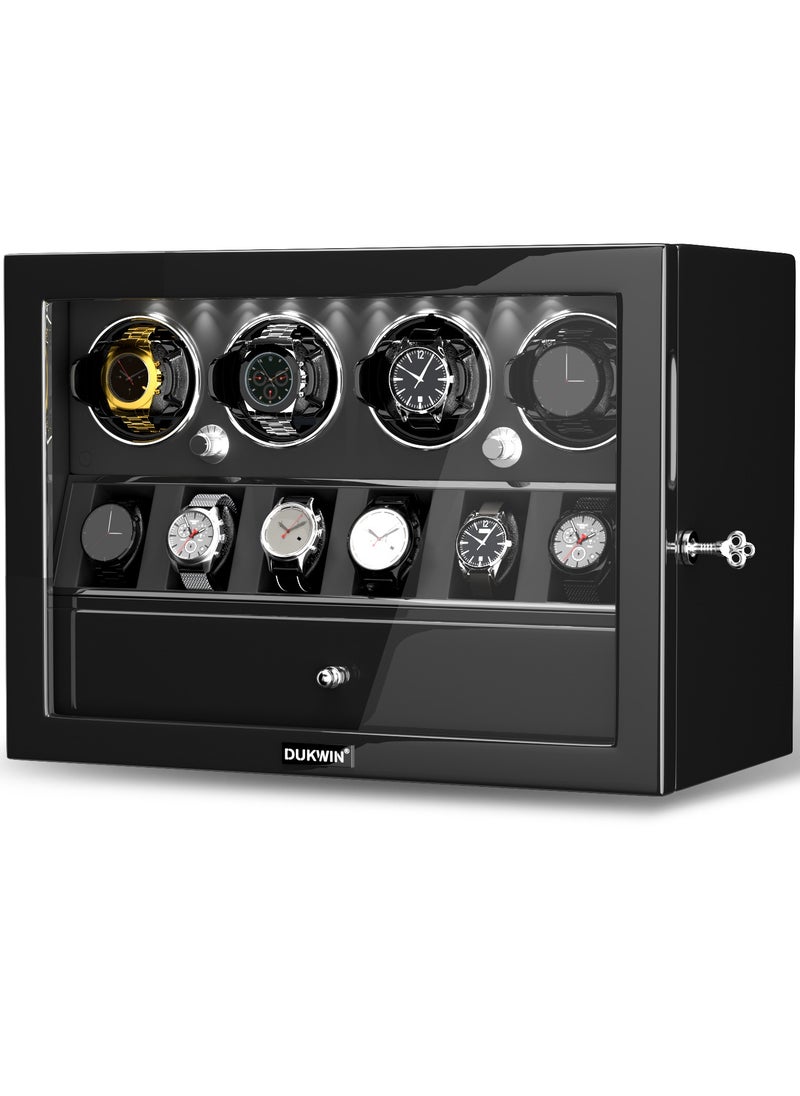 DUKWIN Watch Winder for 4 Automatic Watches with 6 Extra Watches Storage, White LED Light, 4 Rotation Modes, key lock and Jewelry Drawer for Men and Women