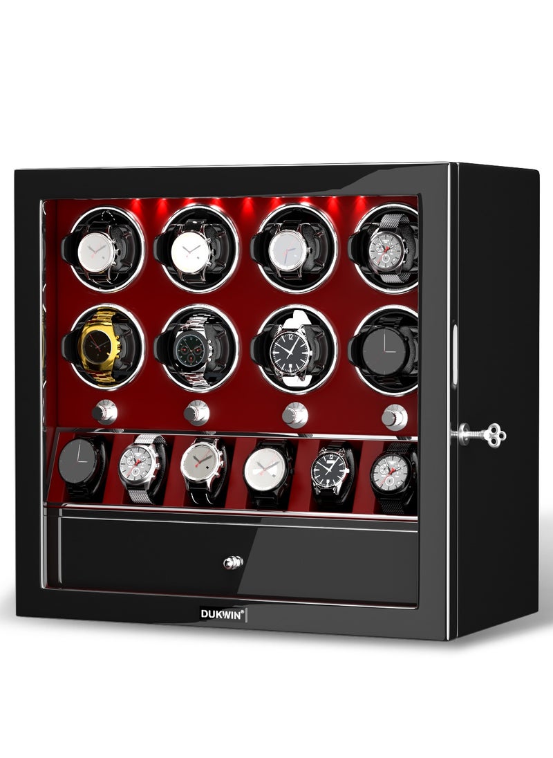 3 in 1 Watch Winder for 8 Automatic Watches with 6 Extra Watches Storage, White LED Light, 4 Rotation Modes, key lock and Jewelry Drawer for Men and Women