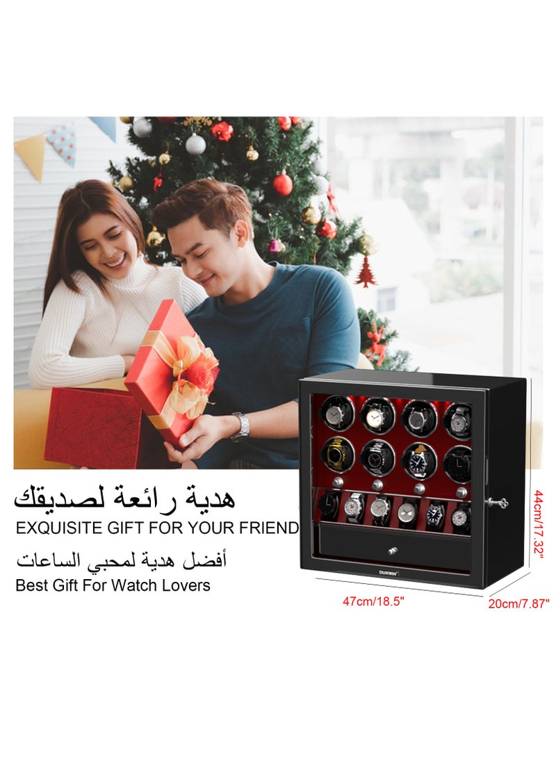 3 in 1 Watch Winder for 8 Automatic Watches with 6 Extra Watches Storage, White LED Light, 4 Rotation Modes, key lock and Jewelry Drawer for Men and Women