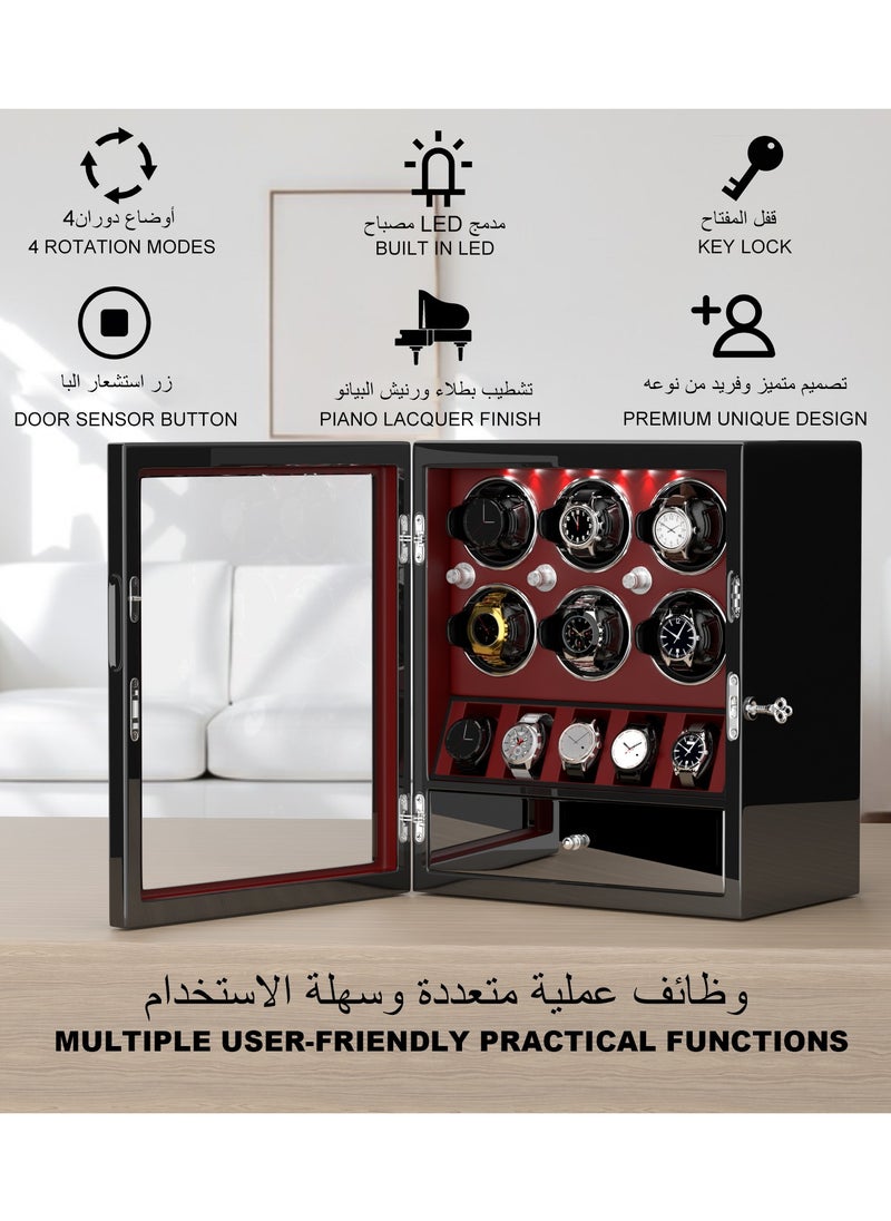 3 in 1 Watch Winder for 6 Automatic Watches with 5 Extra Watches Storage, White LED Light, 4 Rotation Modes, key lock and Jewelry Drawer for Men and Women