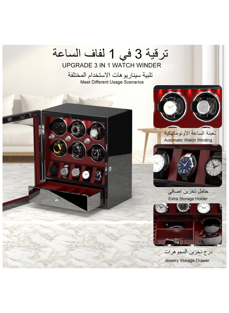 3 in 1 Watch Winder for 6 Automatic Watches with 5 Extra Watches Storage, White LED Light, 4 Rotation Modes, key lock and Jewelry Drawer for Men and Women