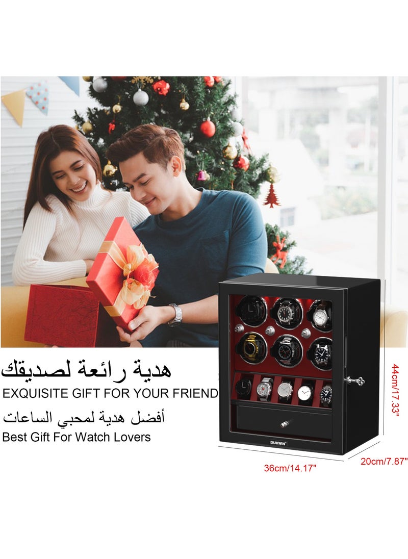 3 in 1 Watch Winder for 6 Automatic Watches with 5 Extra Watches Storage, White LED Light, 4 Rotation Modes, key lock and Jewelry Drawer for Men and Women